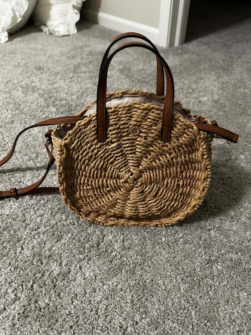 Woven Round Straw Tote with Leather Handles - Brown